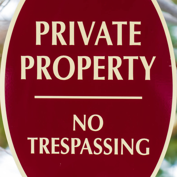 Square frame Oval shape Private Property No Trespassing sign with red and white colors - Photo, Image