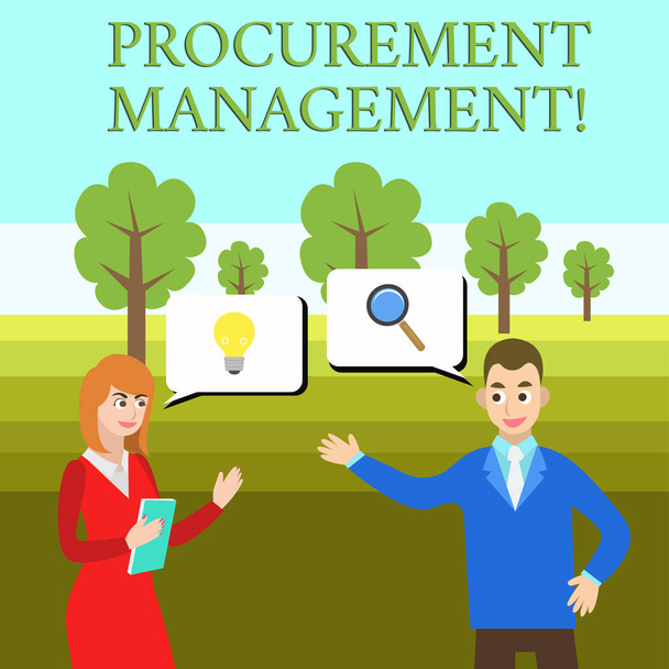 Word writing text Procurement Management. Business concept for buying Goods and Services from External Sources Business Partners Colleagues Jointly Seeking Problem Solution Generate Idea. - Photo, Image