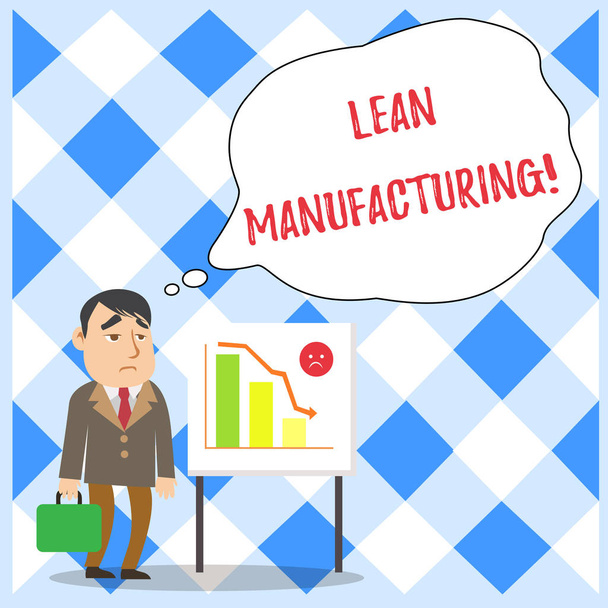 Word writing text Lean Manufacturing. Business concept for Waste Minimization without sacrificing productivity Businessman Clerk with Brief Case Standing Whiteboard Declining Bar Chart. - Photo, Image