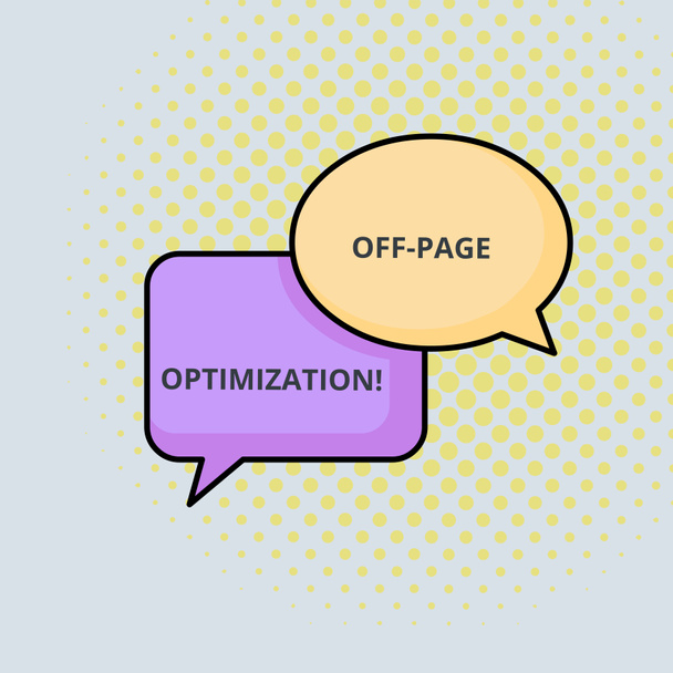 Text sign showing Off Page Optimization. Conceptual photo Website External Process Promotional Method Ranking Pair of Overlapping Blank Speech Bubbles of Oval and Rectangular Shape. - Photo, Image
