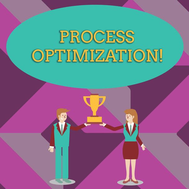 Writing note showing Process Optimization. Business photo showcasing Improve Organizations Efficiency Maximize Throughput Man and Woman Business Suit Holding Championship Trophy Cup. - Photo, Image