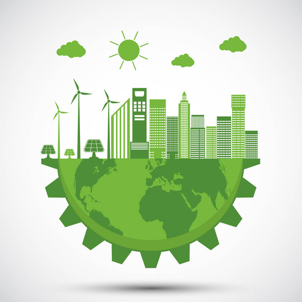 Conceito Ecológico e Ambiental, Símbolo da Terra com Engrenagem Verde em torno das Cidades Ajudam o Mundo com Ideias Ecológicas
  - Vetor, Imagem