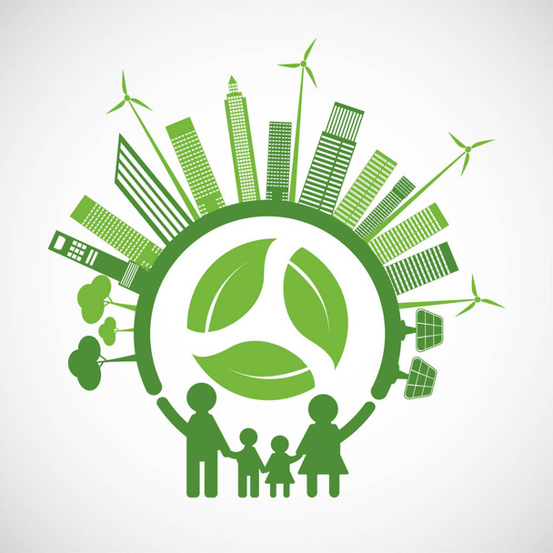 Perheekologia ja ympäristökonsepti vihreillä lehdillä ympäri kaupunkia Auttaa maailmaa ympäristöystävällisillä ideoilla
  - Vektori, kuva