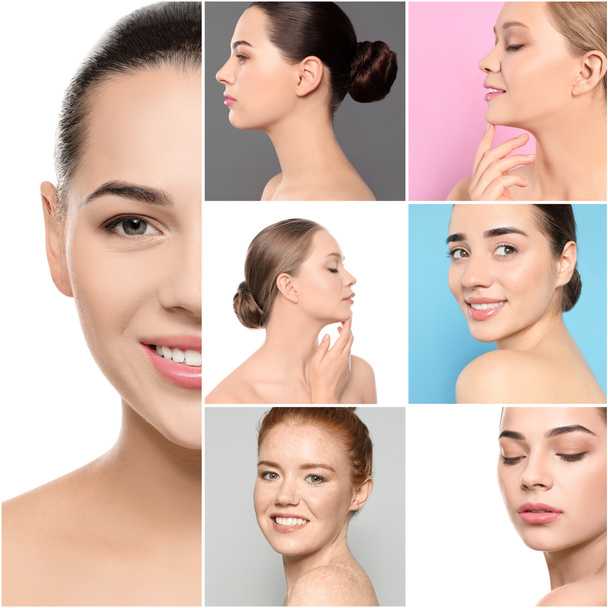 Collage von Frauen mit schönen Gesichtern vor farbigem Hintergrund - Foto, Bild