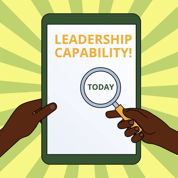Käsiala tekstiä kirjallisesti Leadership Capability. Käsite tarkoittaa, mitä johtaja voi rakentaa kapasiteettia johtaa tehokkaasti kädet tilalla suurennuslasi vastaan kytketty pois päältä kosketusnäyttö tabletti
. - Valokuva, kuva