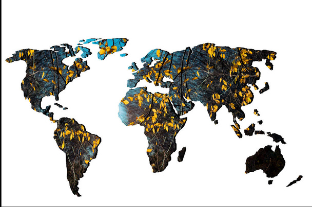 Mapa del mundo esbozado con hojas secas de otoño relleno
 - Foto, Imagen