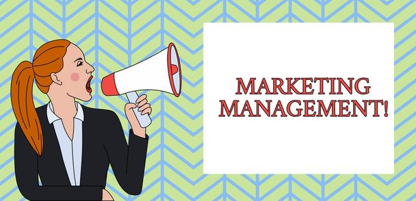 Conceptual hand writing showing Marketing Management. Business photo text Develop Advertise Promote a new Product or Service Woman Jacket Ponytail Shouting into Loudhailer Rectangular Box. - Photo, Image
