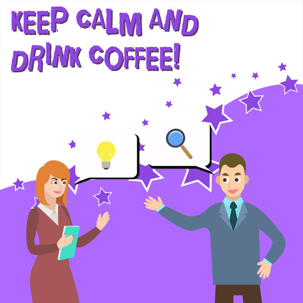 Word szövegírás maradjon nyugodjon és igyon kávét. Üzleti koncepció ösztönzése bizonyítja, hogy élvezze koffein ital és pihenjen üzleti partnerek munkatársai közösen Keresek probléma megoldás generálása Idea - Fotó, kép