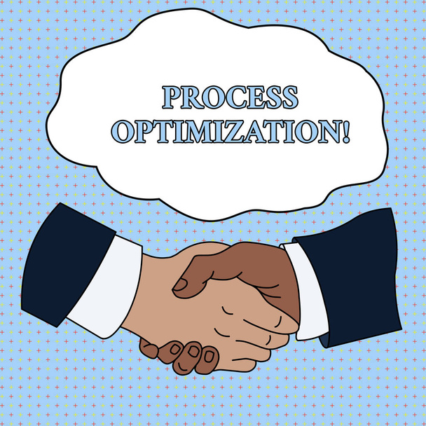Word writing text Process Optimization. Business concept for Improve Organizations Efficiency Maximize Throughput Hand Shake Multiracial Male Business Partners Colleagues Formal Shirt Suit. - Photo, Image
