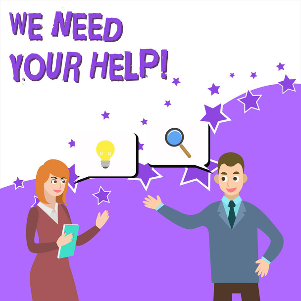 Κείμενο γραφής λέξεων χρειαζόμαστε τη βοήθειά σου. Επιχειρηματική έννοια για να ζητήσει κάποιος να σταθεί μαζί σας από τη δυσκολία των συνεργατών συνεργάτες που αναζητούν από κοινού αναζήτηση προβλήματος λύση δημιουργία ιδέα. - Φωτογραφία, εικόνα