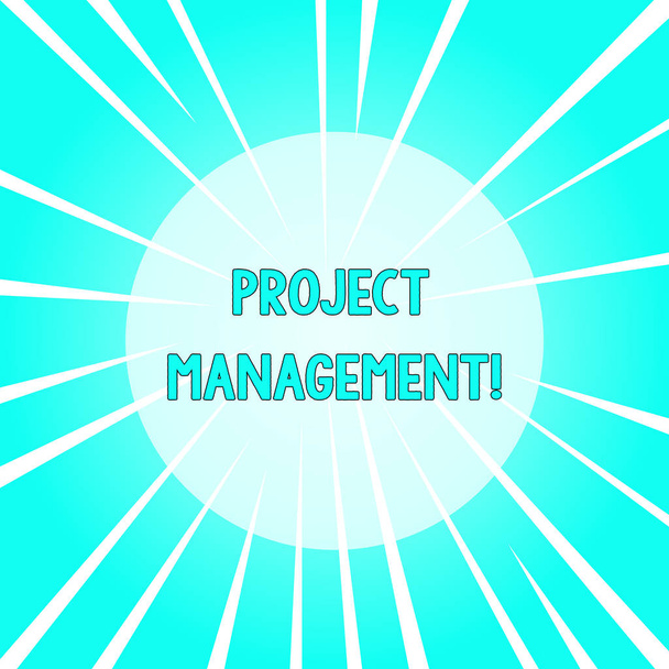 Text sign showing Project Management. Conceptual photo Application Process Skills to Achieve Objectives and Goal Sunburst Explosion Different Size White Beams Halftone Center Perspective. - Photo, Image