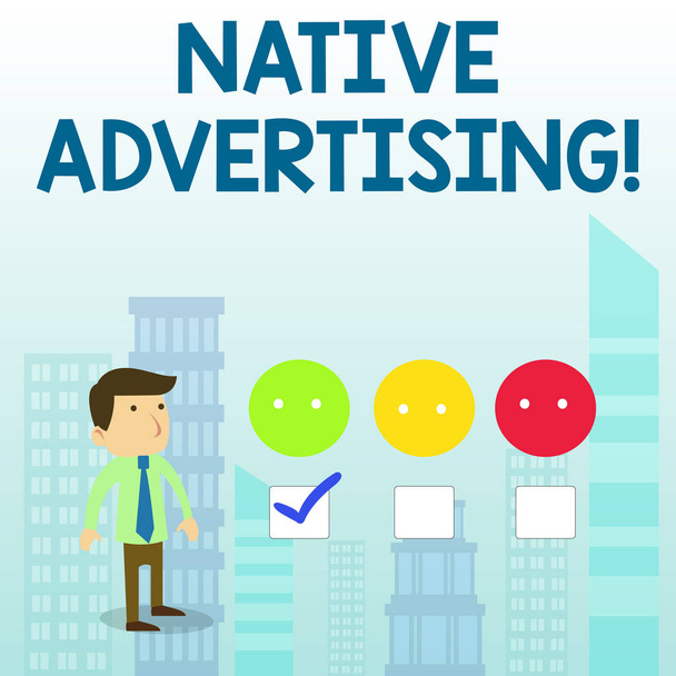 Word writing text Native Advertising. Business concept for Online Paid Ads Match the Form Function of Webpage White Male Questionnaire Survey Choice Checklist Satisfaction Green Tick. - Photo, Image
