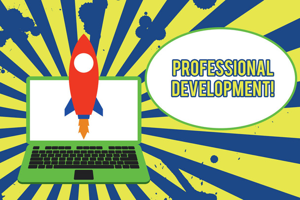 Text sign showing Professional Development. Conceptual photo Learning to earn or maintain Mastery Credentials Launching rocket up laptop . Startup project. Developing goal objectives. - Photo, Image