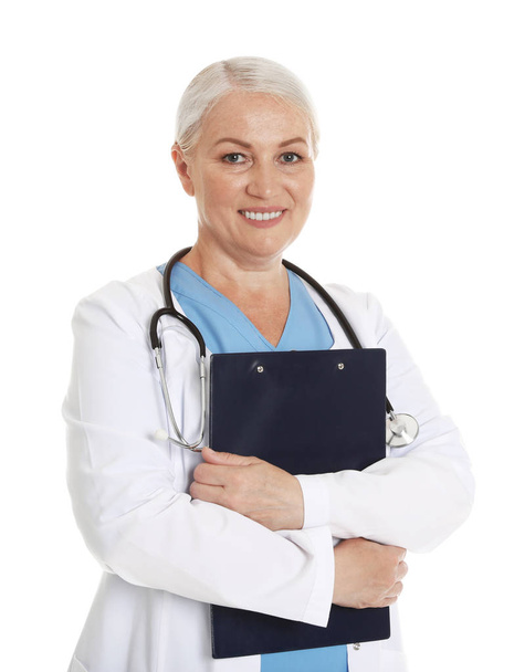 Portrait of female doctor with clipboard isolated on white. Medical staff - Fotoğraf, Görsel
