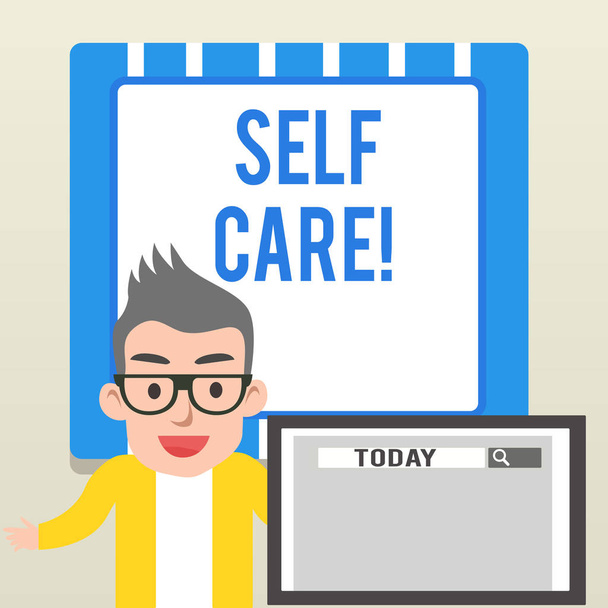 Käsiala teksti kirjallisesti Self Care. Käsitteen merkitys käytäntö ryhtyä toimiin säilyttää tai parantaa omaa terveyttään Mies kaiutin Monitor Search Tool näytön esittely tai raportti
. - Valokuva, kuva