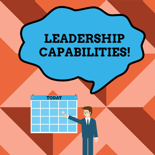 Conceptual hand writing showing Leadership Capabilities. Business photo text Set of Perforanalysisce Expectations a Leader Competency Businessman Smiling and Pointing Calendar with Star on Wall. - Photo, Image