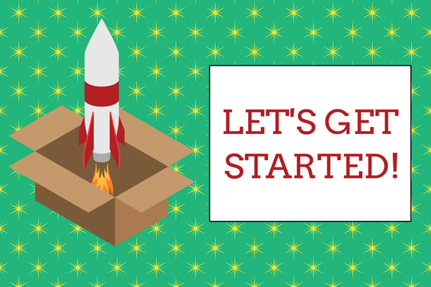 Word writing text Let S Get Started. Business concept for encouraging someone to begin doing something Fire launching rocket carton box. Starting up project. Fuel inspiration. - Photo, Image
