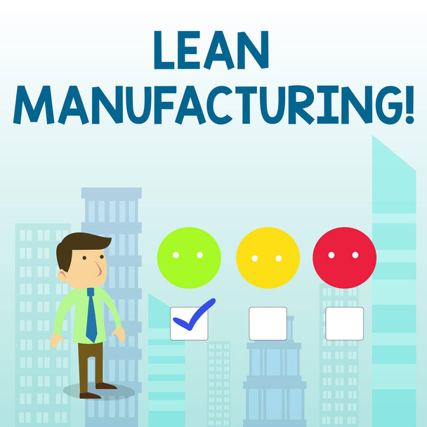 Word writing text Lean Manufacturing. Business concept for Waste Minimization without sacrificing productivity White Male Questionnaire Survey Choice Checklist Satisfaction Green Tick. - Photo, Image