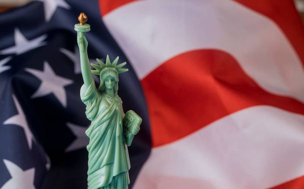 Статуя Свободы на фоне флага США
 - Фото, изображение