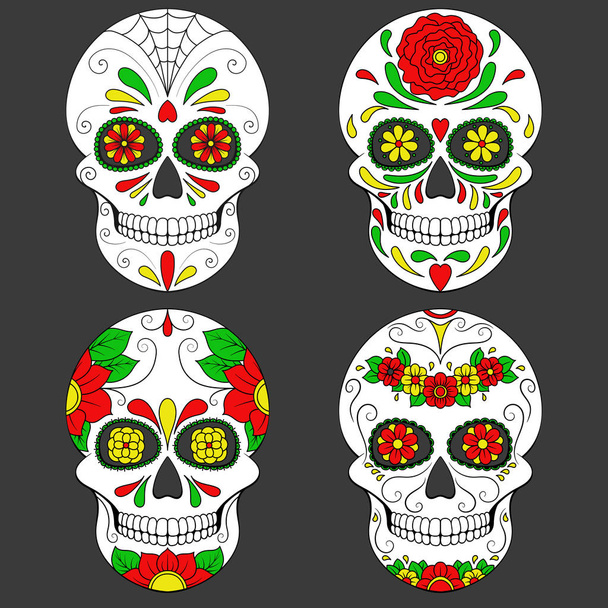 Day of The Dead Skull met florale sieraad. Mexicaanse suiker schedel set. Vectorillustratie - Vector, afbeelding