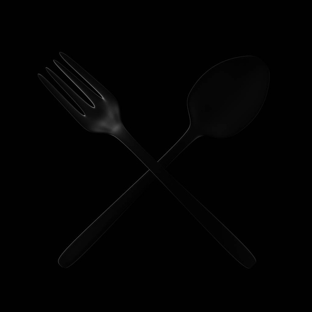 Light and shadow of fork and spoon in the darkness. 3D rendering. - Фото, изображение