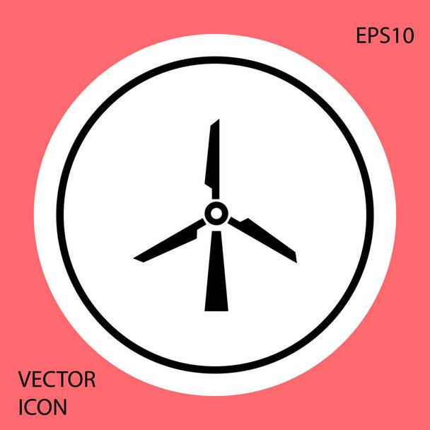Black Wind turbine icon isolated on red background. Wind generator sign. Windmill silhouette. Windmill for electric power production. White circle button. Vector Illustration - Vector, Image
