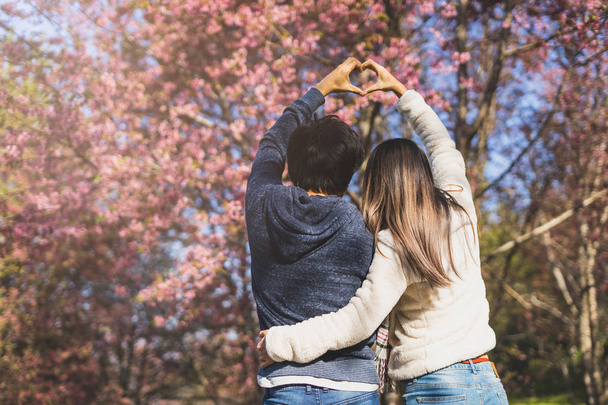 Jeune couple marchant dans le parc et regardant les fleurs de cerisier
 - Photo, image