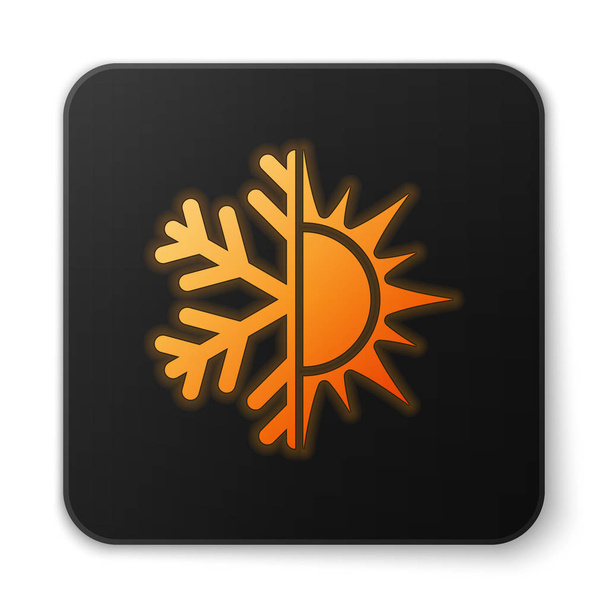 Pomarańczowy świecący gorący i zimny symbol. Słońce i ikona śnieżynka na białym tle. Symbol zimowy i letni. Czarny kwadrat przycisk. Ilustracja wektorowa - Wektor, obraz