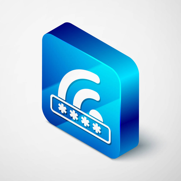 Isometric Wifi locked sign icon isolated on white background. Password wi-fi symbol. Wireless Network icon. Wifi zone. Limited access. Blue square button. Vector Illustration - Vetor, Imagem