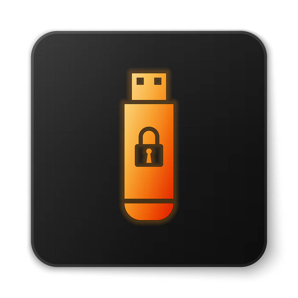Pomarańczowy świecący napęd flash USB z zamkniętą ikoną kłódki na białym tle. Bezpieczeństwo, bezpieczeństwo, koncepcja ochrony. Czarny kwadrat przycisk. Ilustracja wektorowa - Wektor, obraz