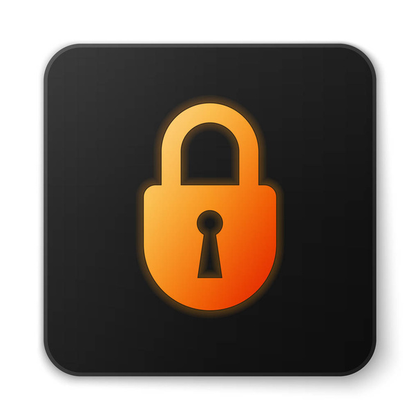白の背景に分離オレンジ光るロックアイコン。南京錠記号。セキュリティ、安全性、保護、プライバシーの概念。黒の四角ボタン。ベクターイラスト - ベクター画像