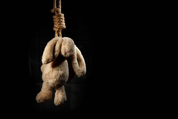 Rabbit toy, hanged on a thick braided rope on a dark background. Suicide conception. - Fotó, kép