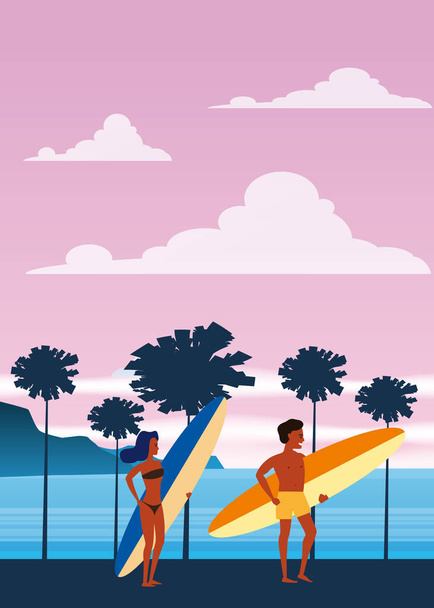Sahilde sörfçü adam ve kadın, sahil, palmiye ağaçları. Tatil, tropikal, deniz, okyanus. Vektör, yalıtılmış, düz stil, poster, banner - Vektör, Görsel