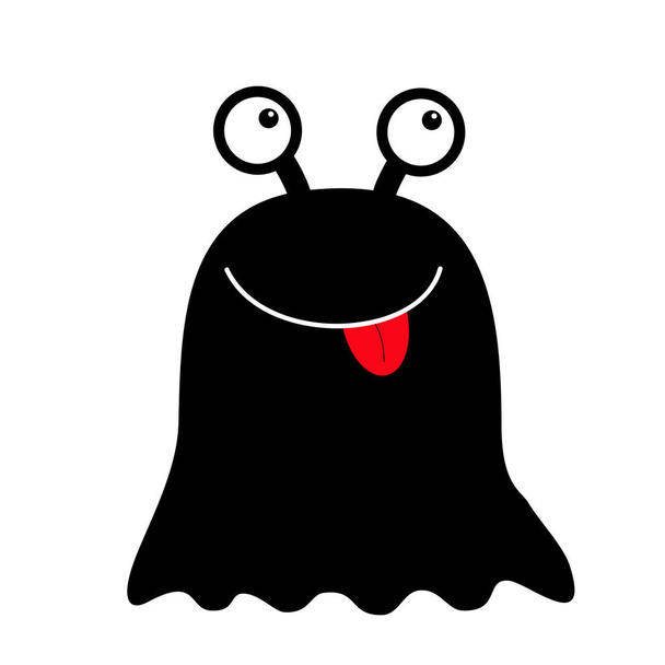 Monster black round silhouette. Two eyes, red tongue. Cute cartoon kawaii scary funny character. Baby collection. Happy Halloween. White background. Isolated. Flat design. - Vecteur, image