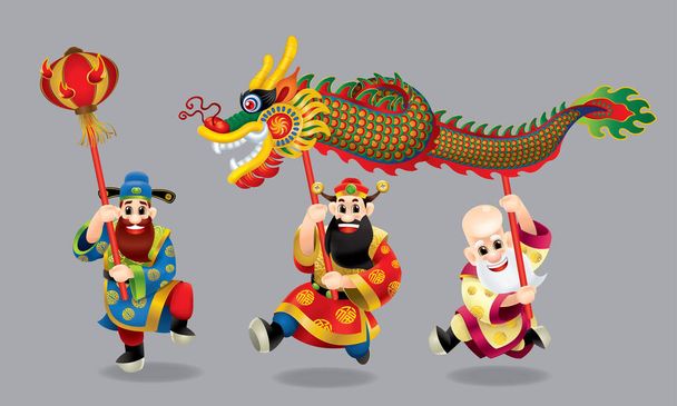 Tre simpatici dei cinesi (rappresentano una lunga vita, ricchi e carriera) si esibiscono nella danza del drago. Con posti diversi. Didascalia: augurandovi un felice anno nuovo cinese e tutto andrà bene
. - Vettoriali, immagini