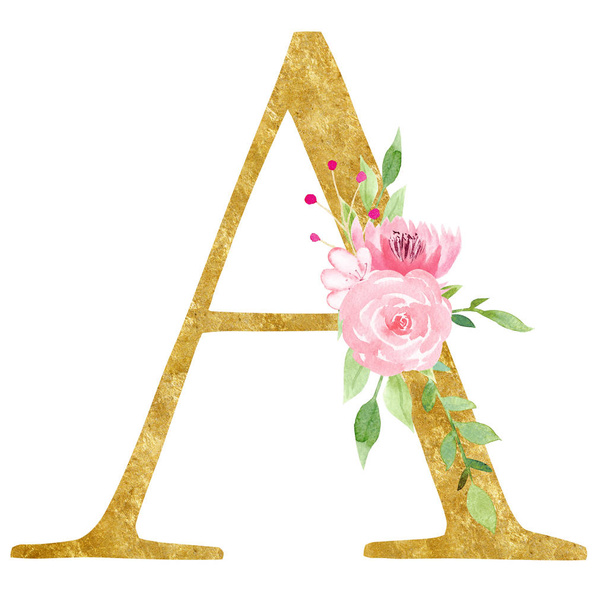 Initial A letter with flowers raster illustration - Valokuva, kuva