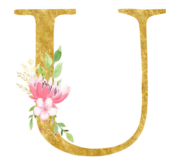Latin U letter with blossom raster illustration - Fotoğraf, Görsel