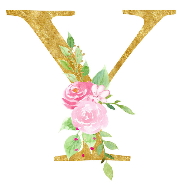 Latin Y letter with foliage raster illustration - Foto, afbeelding