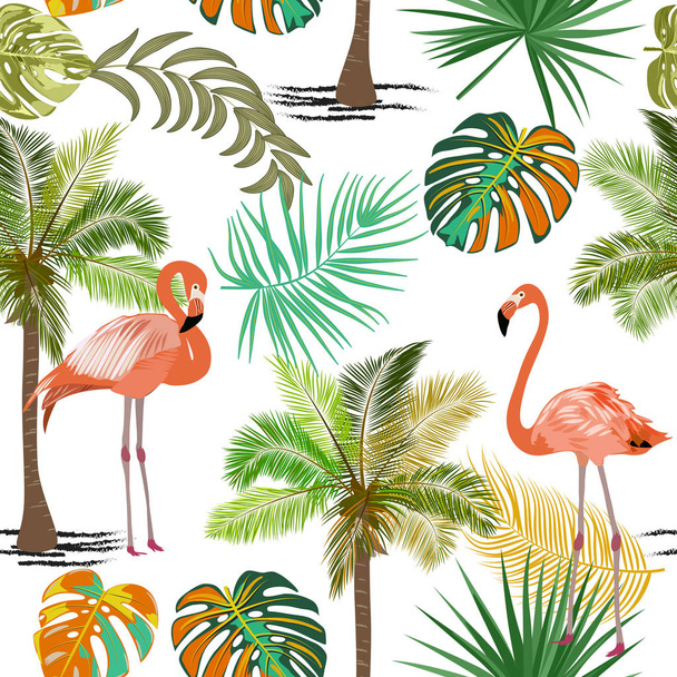 ベクトル熱帯ジャングルフラミンゴ、ヤシの木とシームレスなパターン - ベクター画像