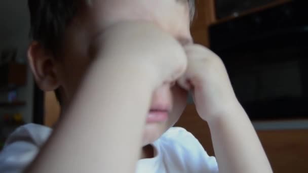 surullinen ja väsynyt kaksivuotias poika itkee ja hieroo silmiään
 - Materiaali, video
