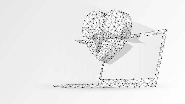 Laptop con linea Heart pulse su schermo bianco. Trattamento di Internet poligonale, concetto di cura del computer. Astratto, wireframe digitale basso poli maglia vettore origami bianco illustrazione 3d. Punto linea triangolo
 - Vettoriali, immagini