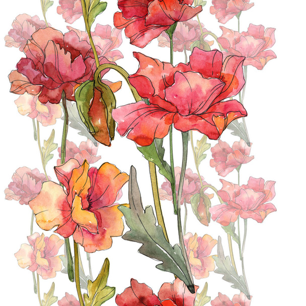 Red poppy floral botanical flowers. Watercolor background illustration set. Frame border ornament square. - Foto, imagen