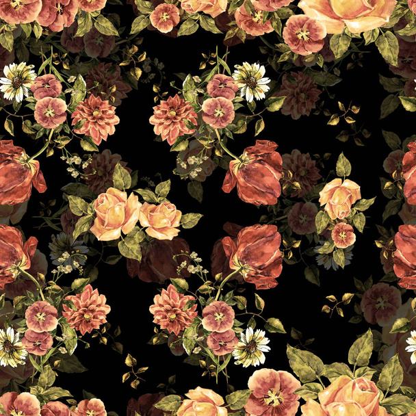 Aquarel boeket verschillende bloemen. Floral naadloze patroon op zwarte achtergrond. - Foto, afbeelding