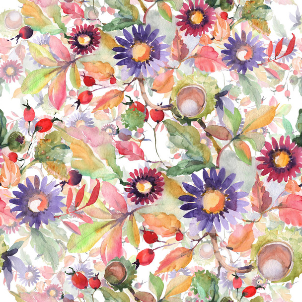 Aster and wildflower bouquet floral botanical flowers. Watercolor illustration set. Seamless background pattern. - Valokuva, kuva