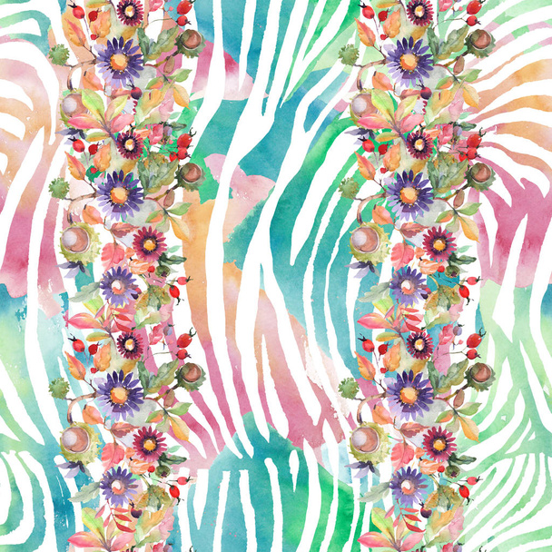 アスターとワイルドフラワーの花束花の植物の花。●水彩イラストセット。シームレスな背景パターン. - 写真・画像