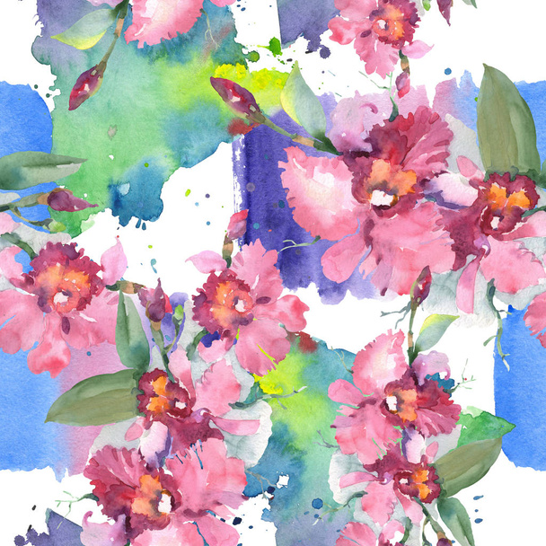 Roze orchidee boeket botanische bloemen. Wilde Lente blad Wildflower. Aquarel illustratie set. Aquarel tekening mode Aquarelle. Naadloos achtergrond patroon. Stof wallpaper print textuur. - Foto, afbeelding