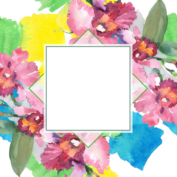 Pink orchid bouquet floral botanical flowers. Wild spring leaf wildflower isolated. Watercolor background illustration set. Watercolour drawing fashion aquarelle. Frame border ornament square. - Foto, Bild