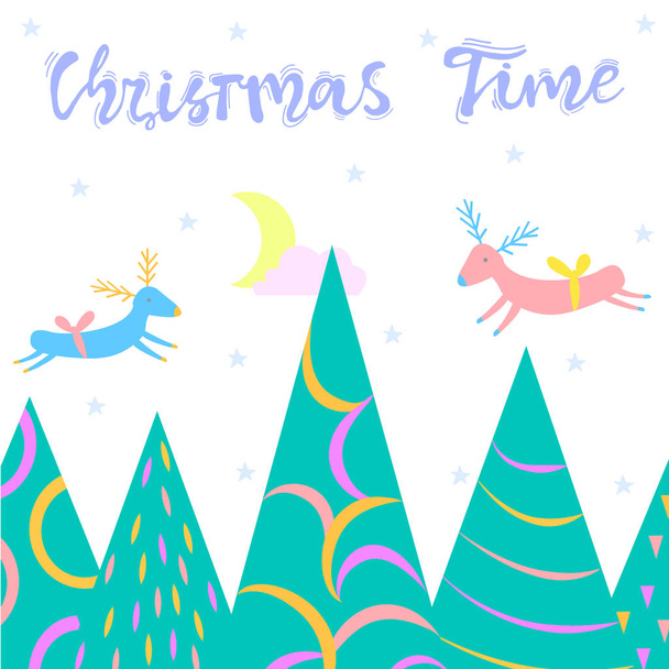 Christmas card winter forest, deer flying over the forest. Christmas flat vector illustration. Lettering: "Christmas time" - Vector, imagen