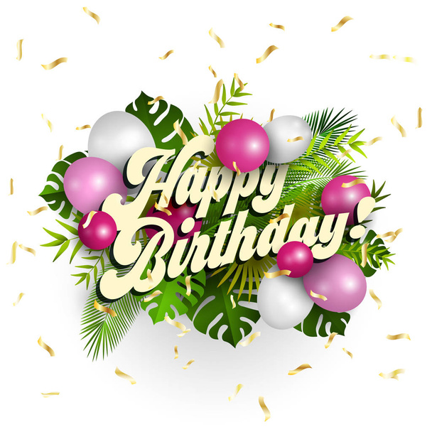 Text happy birthday with white and pink balloons and tropical leaves on blue background, illustration - Vector, Imagen