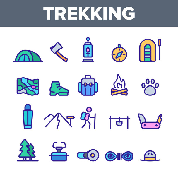 Trekking, hátizsák Travel Vector lineáris ikonok beállítása - Vektor, kép